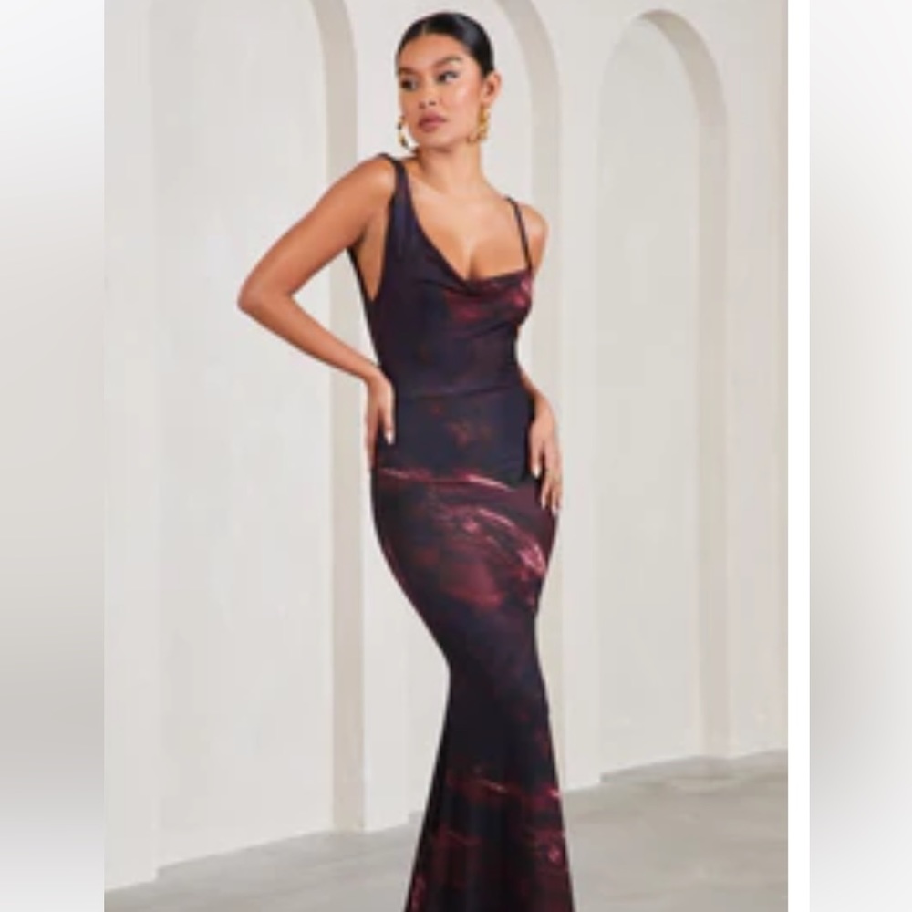 Club London Phantasy Dress | PLUM PRINT ASYMMETRIC NECKLINE COWL MAXI DRESS